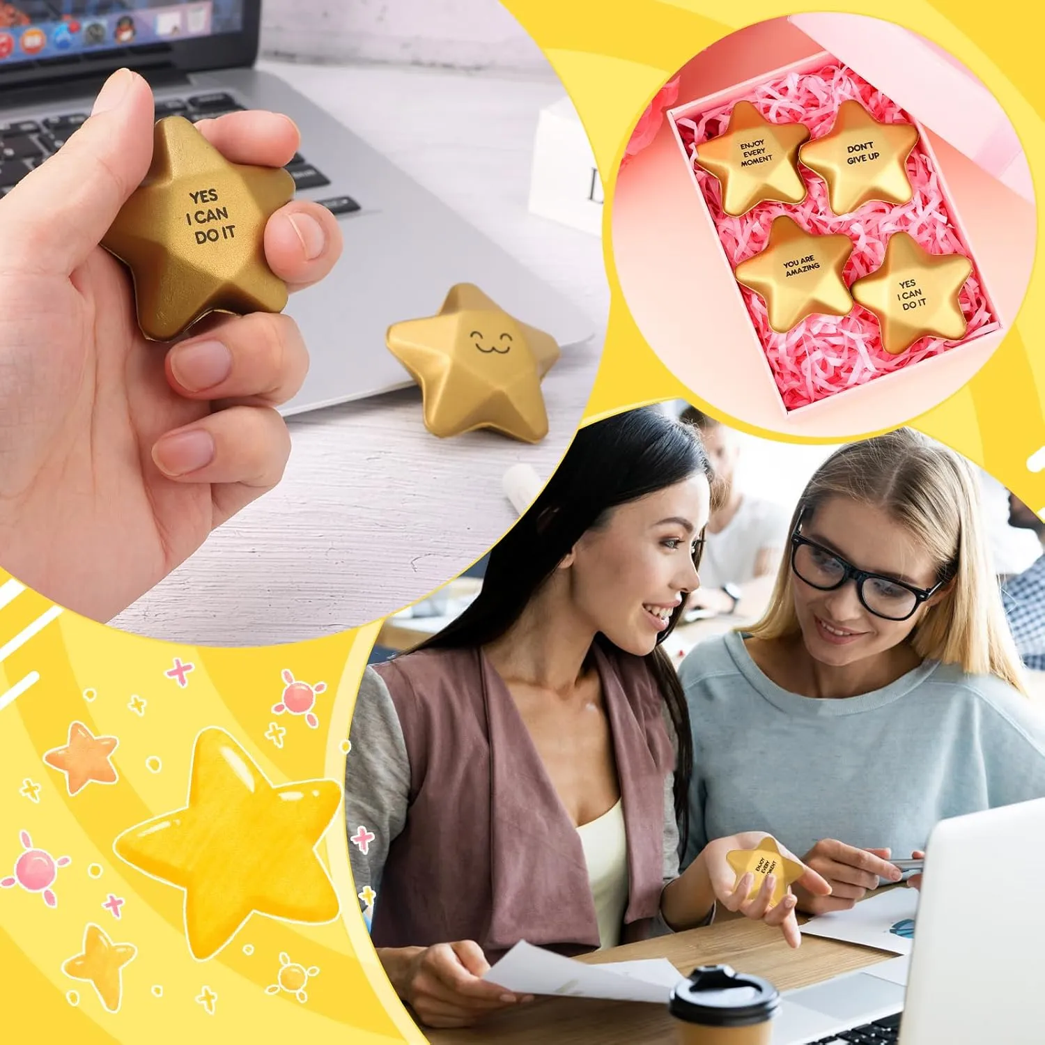 36 Pieces 2.1inch Star Stress Balls Mini Smile Face Stress Balls, Gold Motivational Stress Balls Mini Foam Ball Relief Squeeze Balls Star Stress Toys Goody Bag Fillers Stuffers for Adults Student