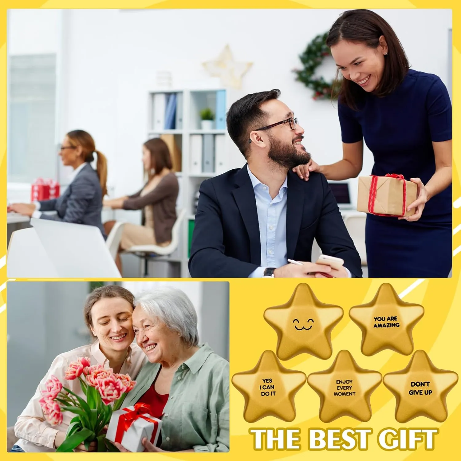 36 Pieces 2.1inch Star Stress Balls Mini Smile Face Stress Balls, Gold Motivational Stress Balls Mini Foam Ball Relief Squeeze Balls Star Stress Toys Goody Bag Fillers Stuffers for Adults Student