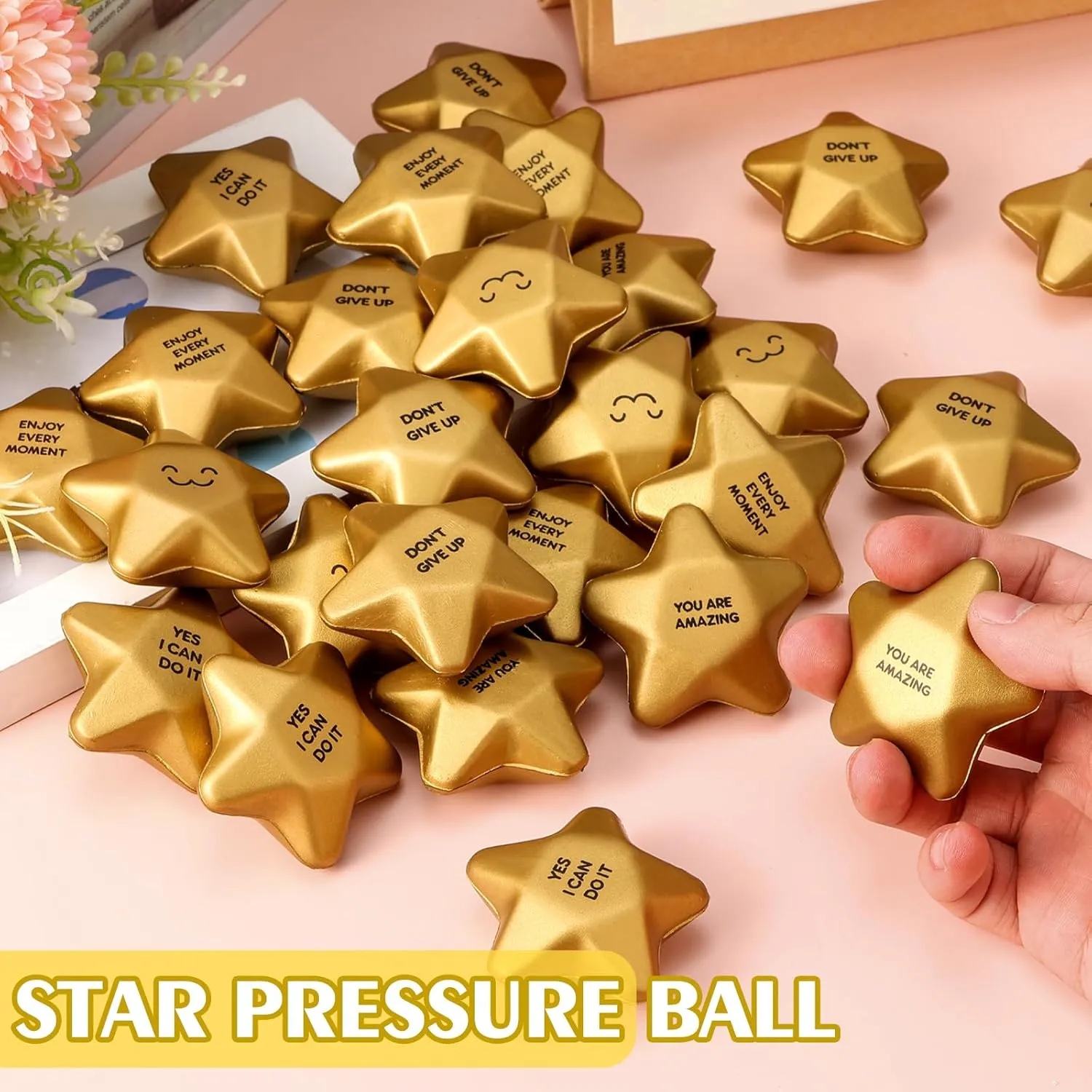 36 Pieces 2.1inch Star Stress Balls Mini Smile Face Stress Balls, Gold Motivational Stress Balls Mini Foam Ball Relief Squeeze Balls Star Stress Toys Goody Bag Fillers Stuffers for Adults Student