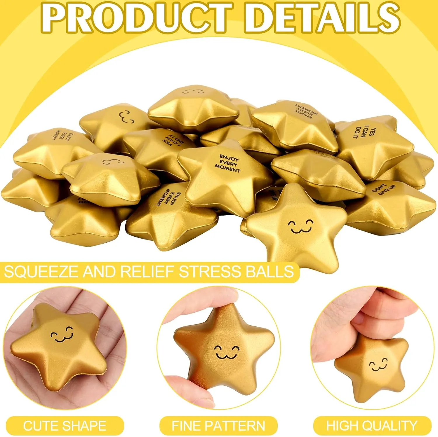 36 Pieces 2.1inch Star Stress Balls Mini Smile Face Stress Balls, Gold Motivational Stress Balls Mini Foam Ball Relief Squeeze Balls Star Stress Toys Goody Bag Fillers Stuffers for Adults Student