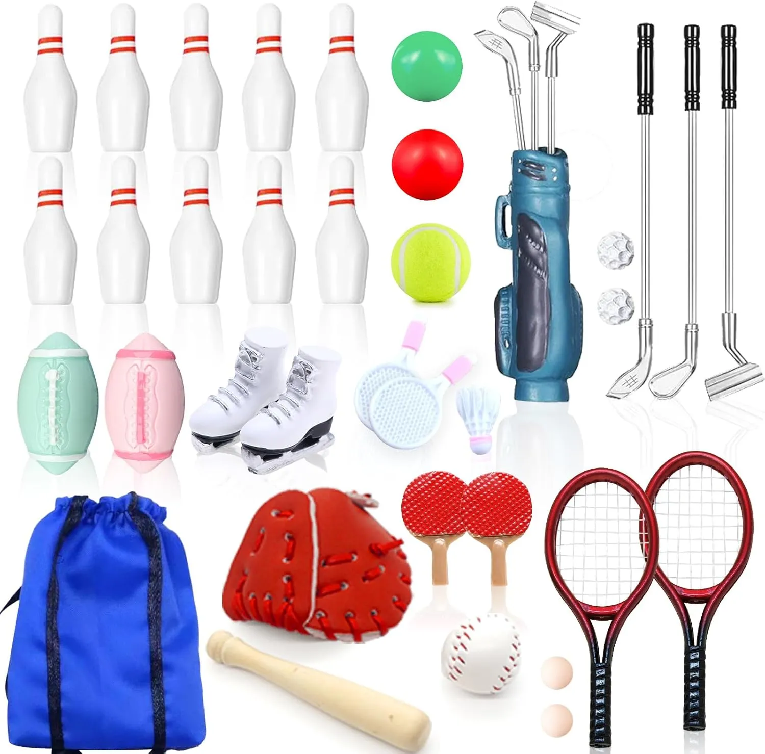 38 Pcs Miniature Sports Set Mini Golf Baseball Tennis Bowling Tiny Golf Ball Clubs Ball Bats RacketPong Table Tennis Mini House Decoration Accessories