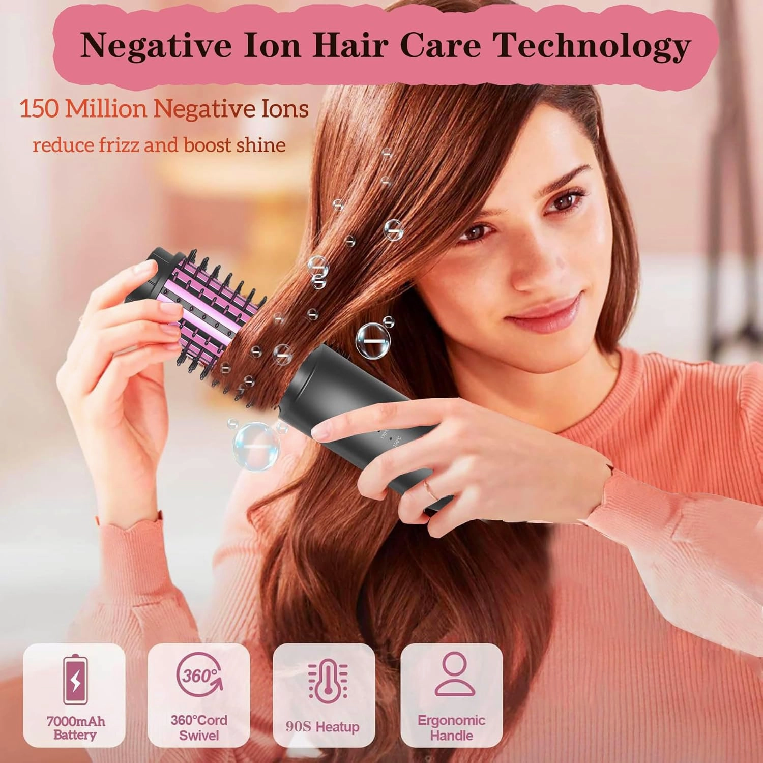 3-in-1 Cordless Curling Brush Iron & Heated Round Curling Brush & Hair Straightener Brush, Portable Rechargeable Travel Hair Curler for Women
