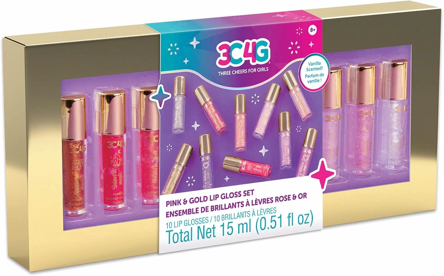 3C4G Pink and Gold Lip Gloss Set 10 Pack - Kids Lip Gloss for Girls & Teens - Vanilla Flavored Hydrating Lip Gloss Set - Colors Include Pink, Purple, Nude & More! - Ages 8  by Make It Real