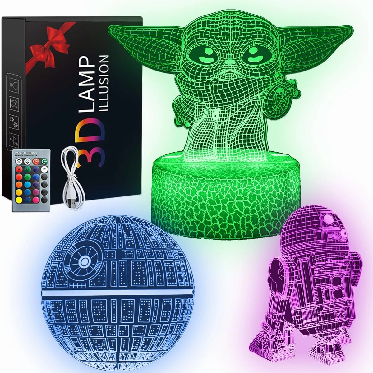 3D Illusion Star Wars Night Light for Kids. 3 Patterns Baby Yoda LED Night Lamp, Baby Yoda Toys 7 Color 16 Changes, Great Christmas Birthday Gifts for Star Wars Fans Boys Girls