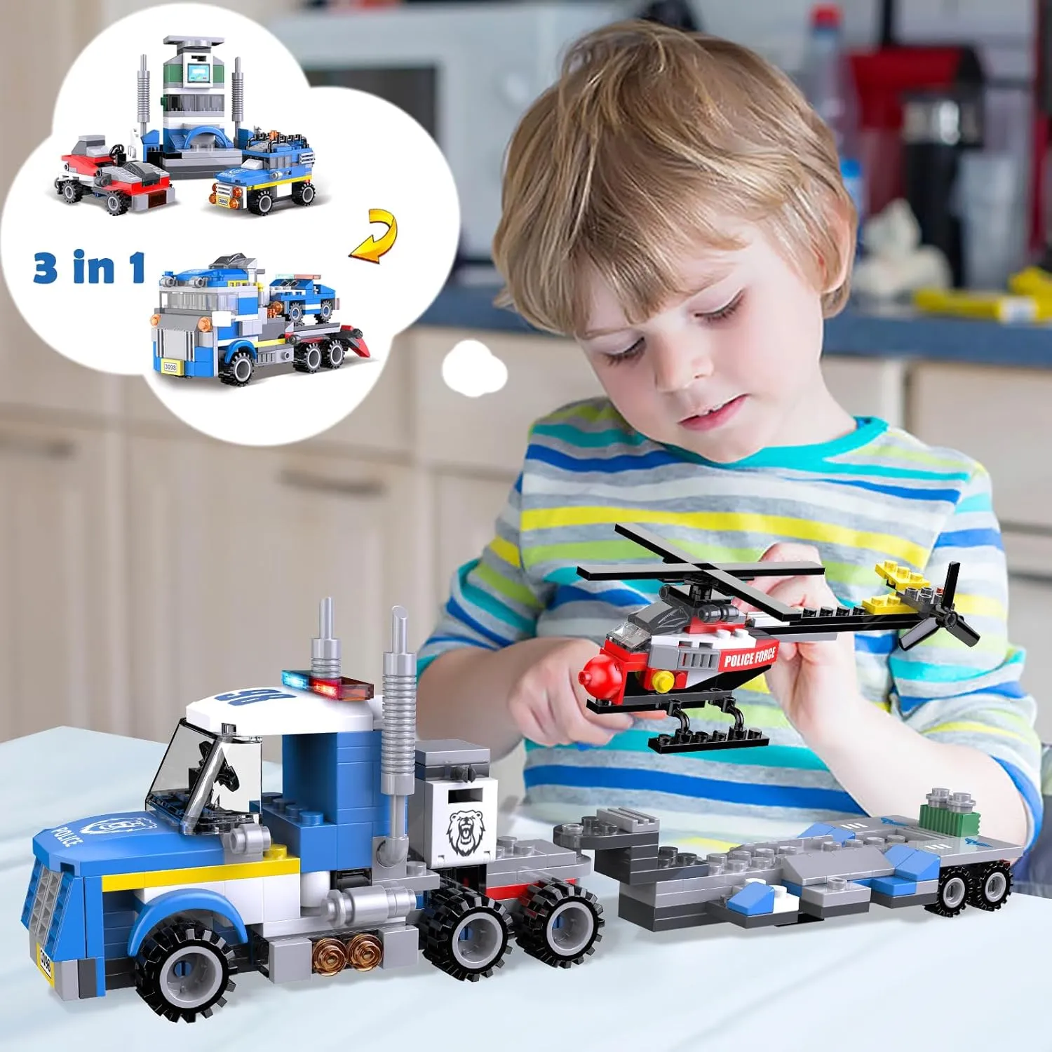 3in1 City Police Building Set, Police Car Transporter Building Toys, Police Truck with Trailer & Rescue Helicopter, Police Chase Building Kit, Gift for Boys Kids Aged 6-12, 288 PCS