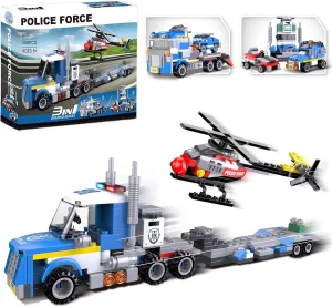 3in1 City Police Building Set, Police Car Transporter Building Toys, Police Truck with Trailer & Rescue Helicopter, Police Chase Building Kit, Gift for Boys Kids Aged 6-12, 288 PCS
