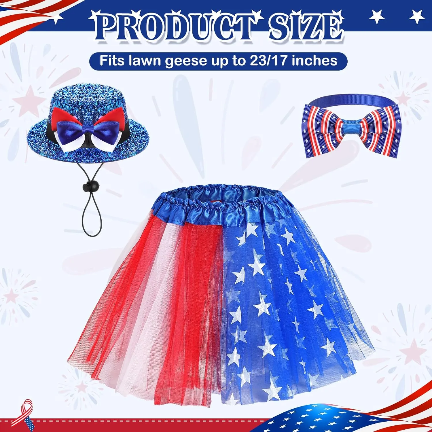3pcs 4th of July Porch Goose Outfits for 23" Cement Lawn Goose Statue Clothes Hat and Tutu Skirt Independence Day Costume for Party Yard Outdoor(Star)