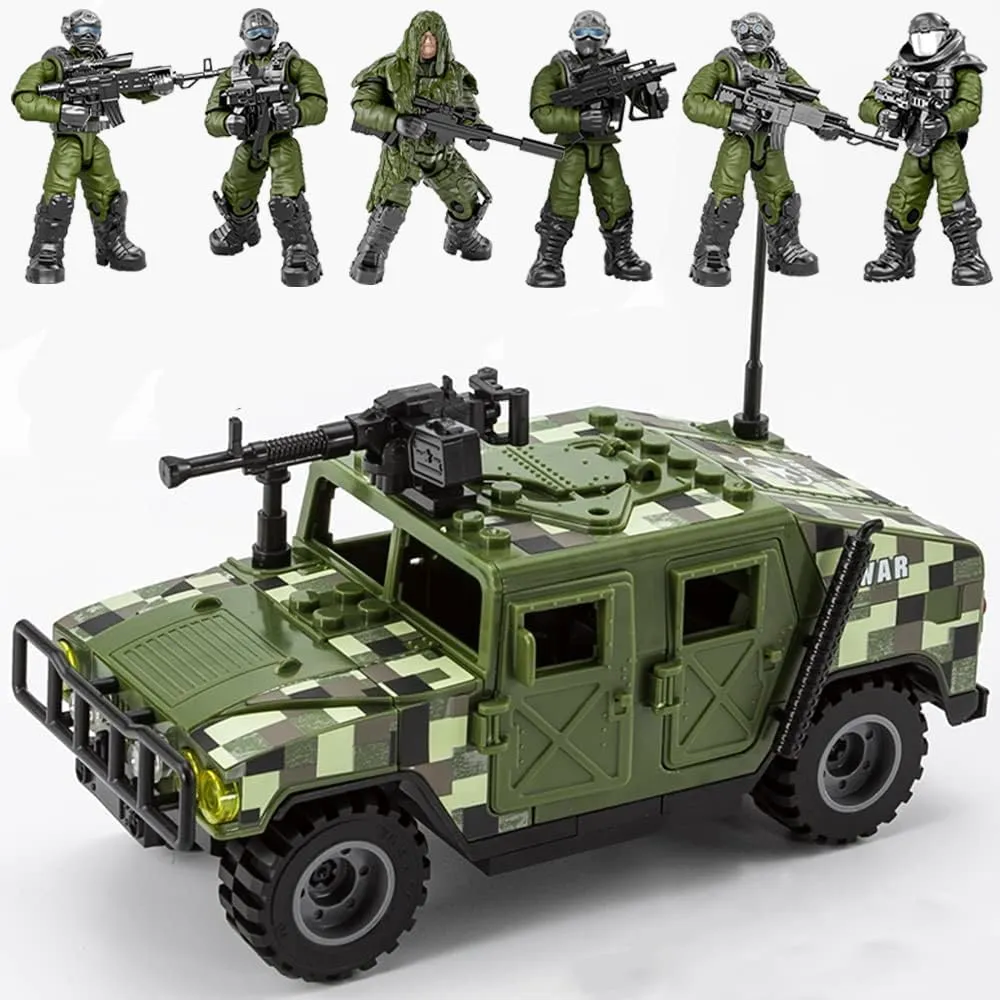 4 in 1 Military Vehicle Building Block Sets with 6 Random Army Figures Brick Armored Vehicle Building Toy for Age 8 9 10 11 12 , Army Battle Building Kit, Military Car Model Toys Gifts for Boys(Gray)