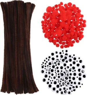 450 Pieces Christmas Pipe Cleaners Sets, Including 100 Pieces Brown Chenille Stem, 200 Pieces Red Pom Poms and 150 Pieces Self Adhesive Wiggle Eyes for DIY Crafts