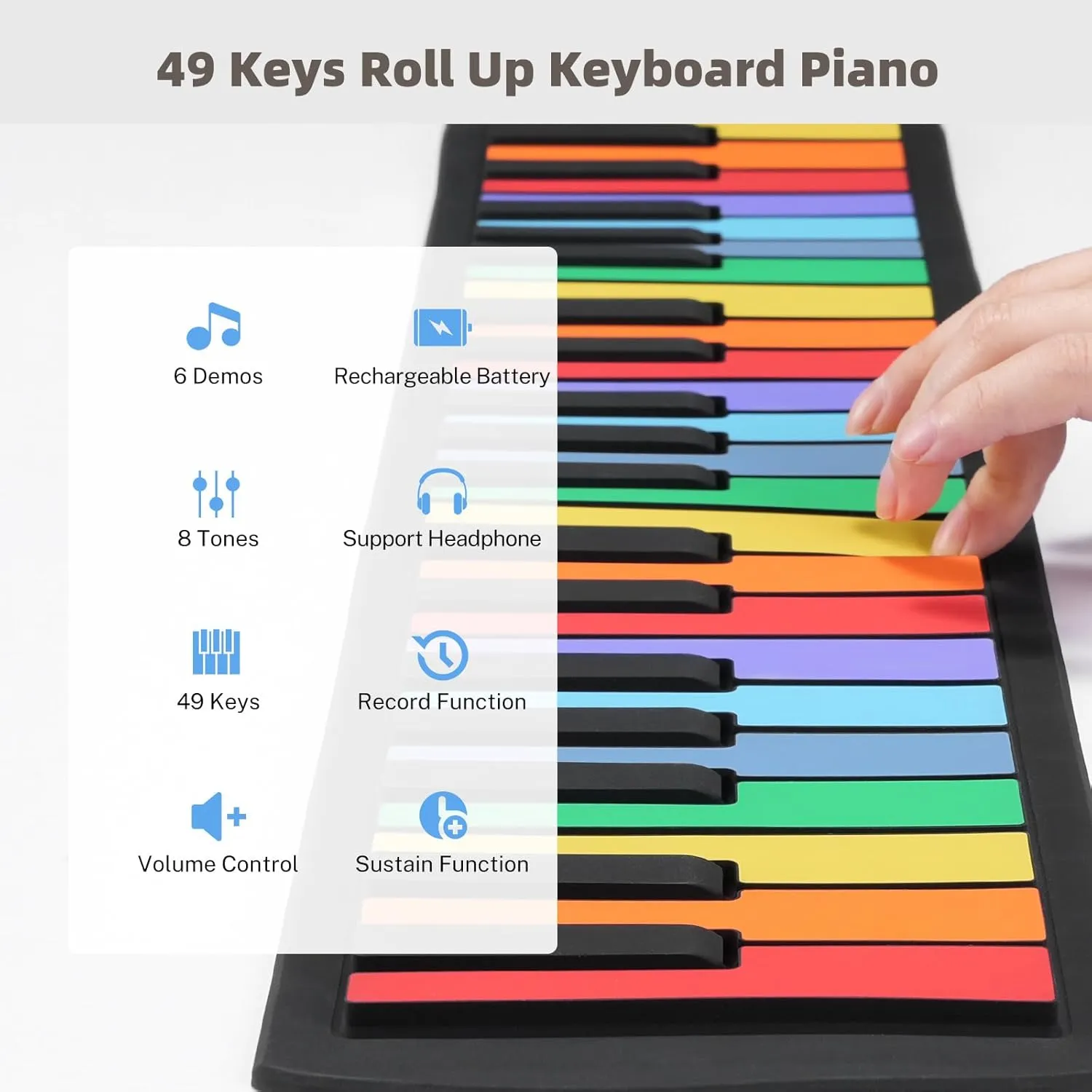 49 Key Roll Up Keyboard Piano, Portable Digital Electric Foldable Piano Keyboard, Rechargeable, 8 Tones, 6 Educational Demo Songs, for Beginners Gift (Rainbow)