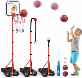 4 in 1 Indoor Mini Basketball Hoop for Kids, Hanging Tee Baseball Set with Adjustable Stand, Basketball Toys Gifts for 3 4 5 6 7 8 9 10 11 12 Year Old Boys Girls