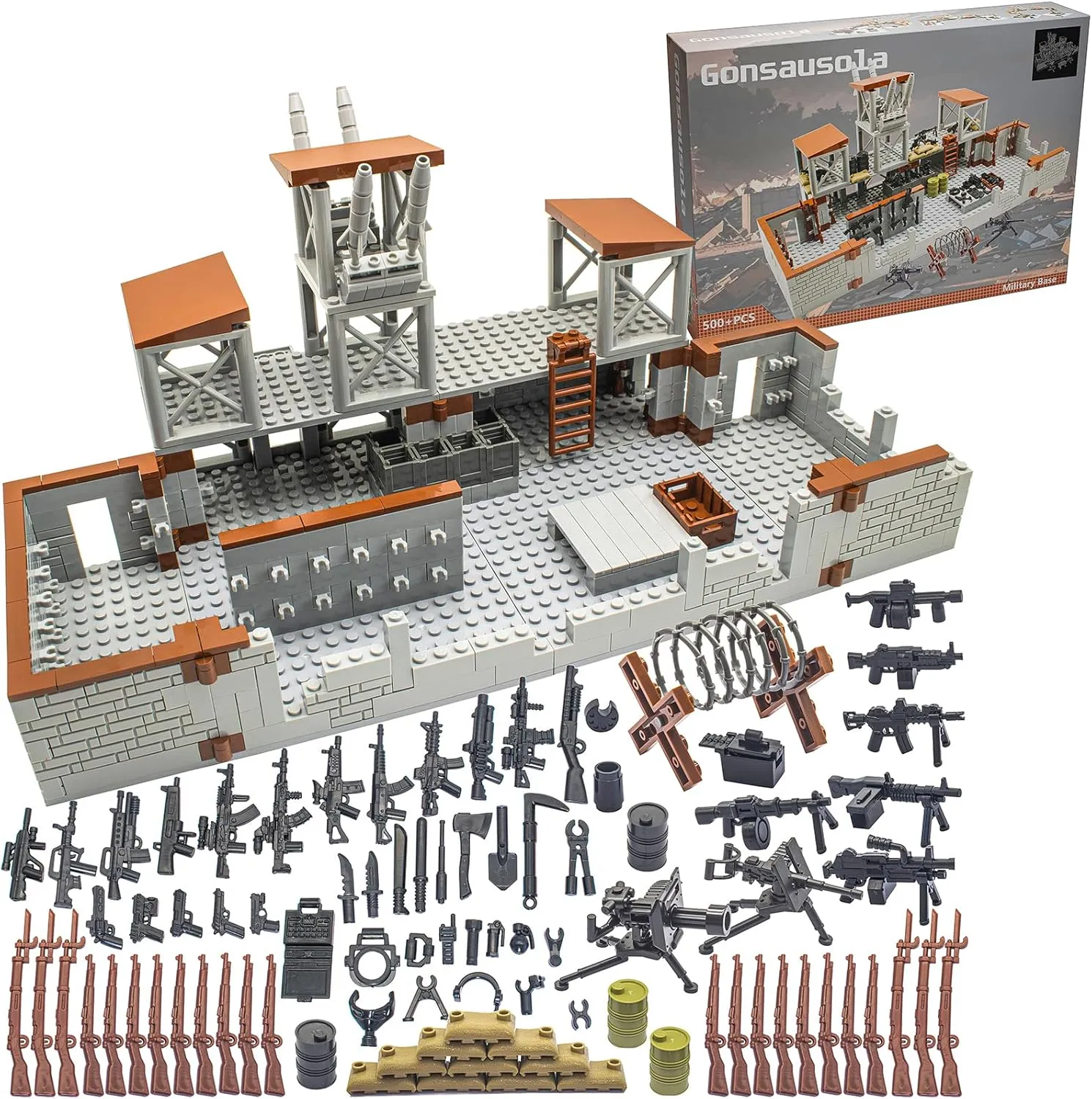 500  Pcs Military Base Building Brick Sets Include Defence Base Guard Tower for Army Mini Figures, Weapon Pack Accessories Kits Toys, Guns Weapons Building Block Toy for Kids