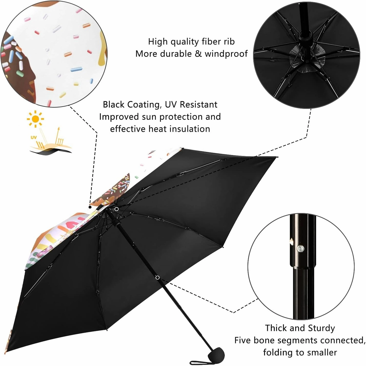 5 Folding Compact Pocket Windproof Umbrella, 6 Ribs Ultra-Light Foldable Vinyl Parasol, Mini Anti-UV Travel Umbrella