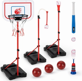 5 in 1 Kids Basketball Hoop and T Ball Set, Adjustable Height Basketball Stand, Pool Basketball Hoop, T Ball Set for Toddlers, Outdoor/Indoor Toys for Boys Girls Kids