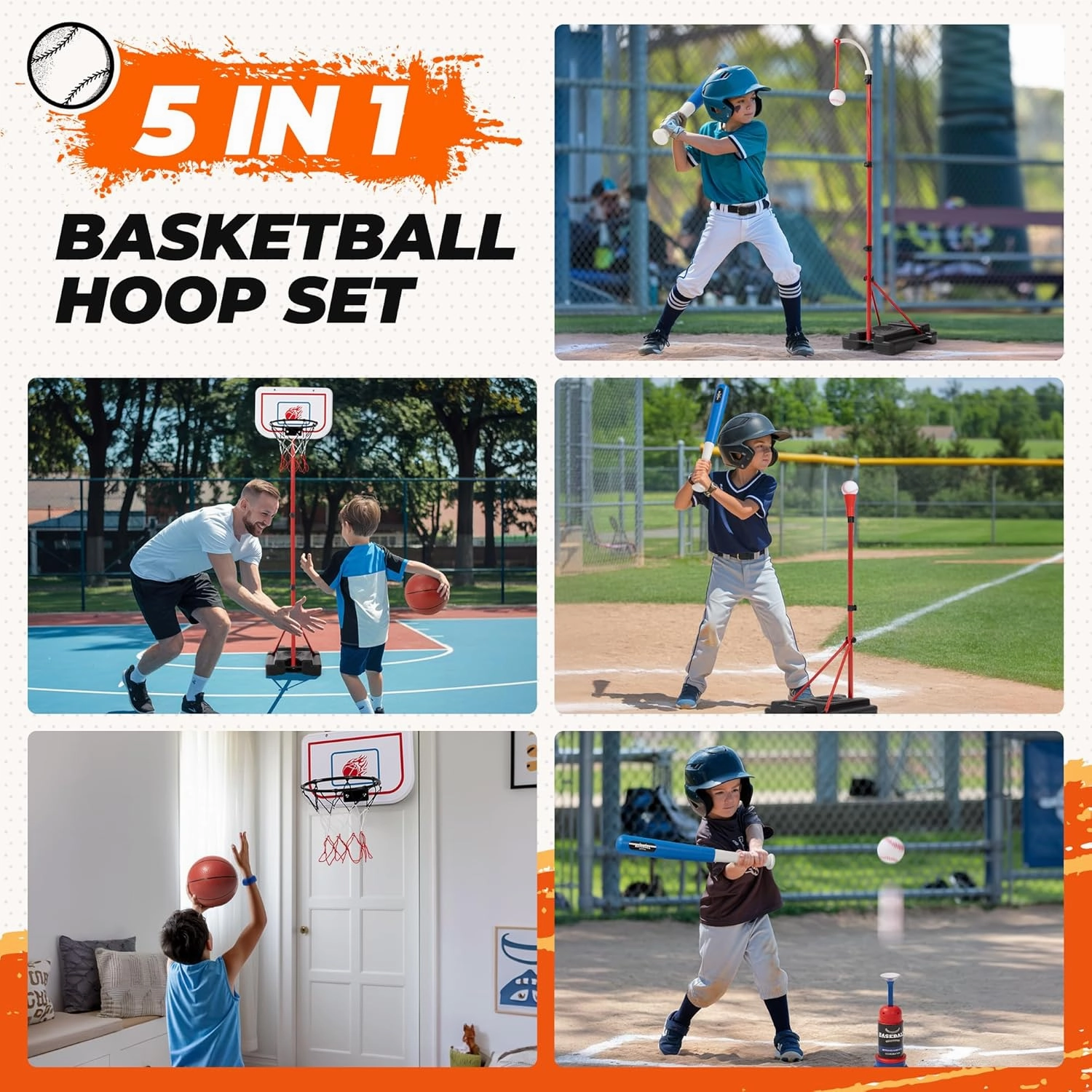5 in 1 Kids Basketball Hoop and T Ball Set, Adjustable Height Basketball Stand, Pool Basketball Hoop, T Ball Set for Toddlers, Outdoor/Indoor Toys for Boys Girls Kids