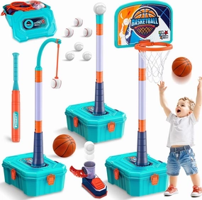 5 in 1 Toddler Basketball Hoop and T Ball Set, Height Adjustable Kids Basketball Hoop for Indoor Outdoor, Portable Mini Basketball Hoop, Birthday Christmas Sport Toys Gift for Boys Girls Age 1 2 3 4 5