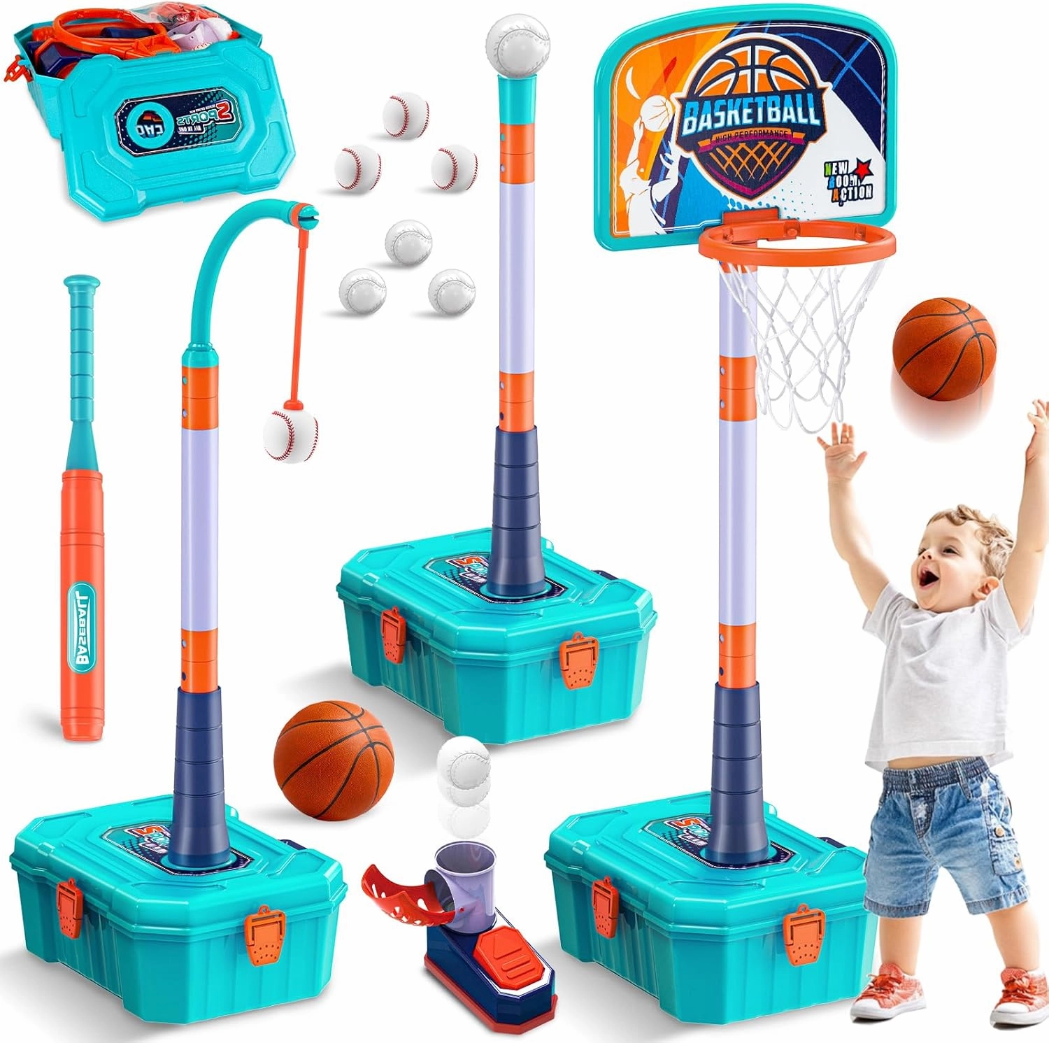 5 in 1 Toddler Basketball Hoop and T Ball Set, Height Adjustable Kids Basketball Hoop for Indoor Outdoor, Portable Mini Basketball Hoop, Birthday Christmas Sport Toys Gift for Boys Girls Age 1 2 3 4 5