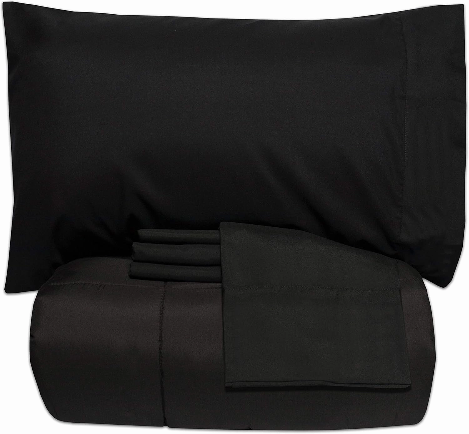 5 Piece Queen Comforter Set All Season Soft Down Alternative Blanket & Luxurious Cotton Fits Mattress Up to 18" Deep Pocket Bed 4 Piece Sheet Set Black