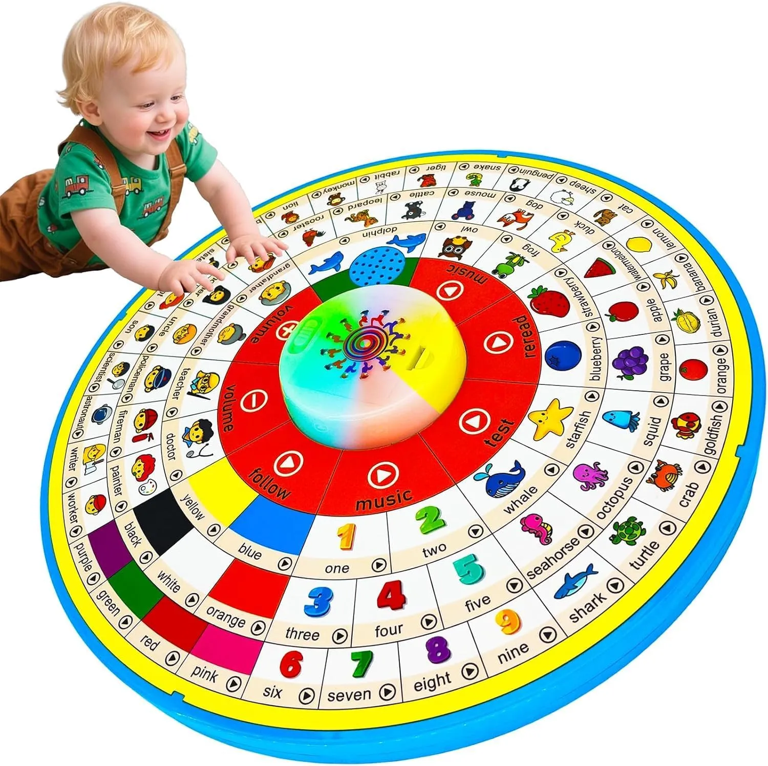 6 Months  Baby Toy,Age 1 2 3 Toddler Early Education Learning Machine,360° Degree Rotation Electronic Interactive Point Reader for Kid, with Music & RGB Lights,72 Words Pronunciation & Repeat & exam