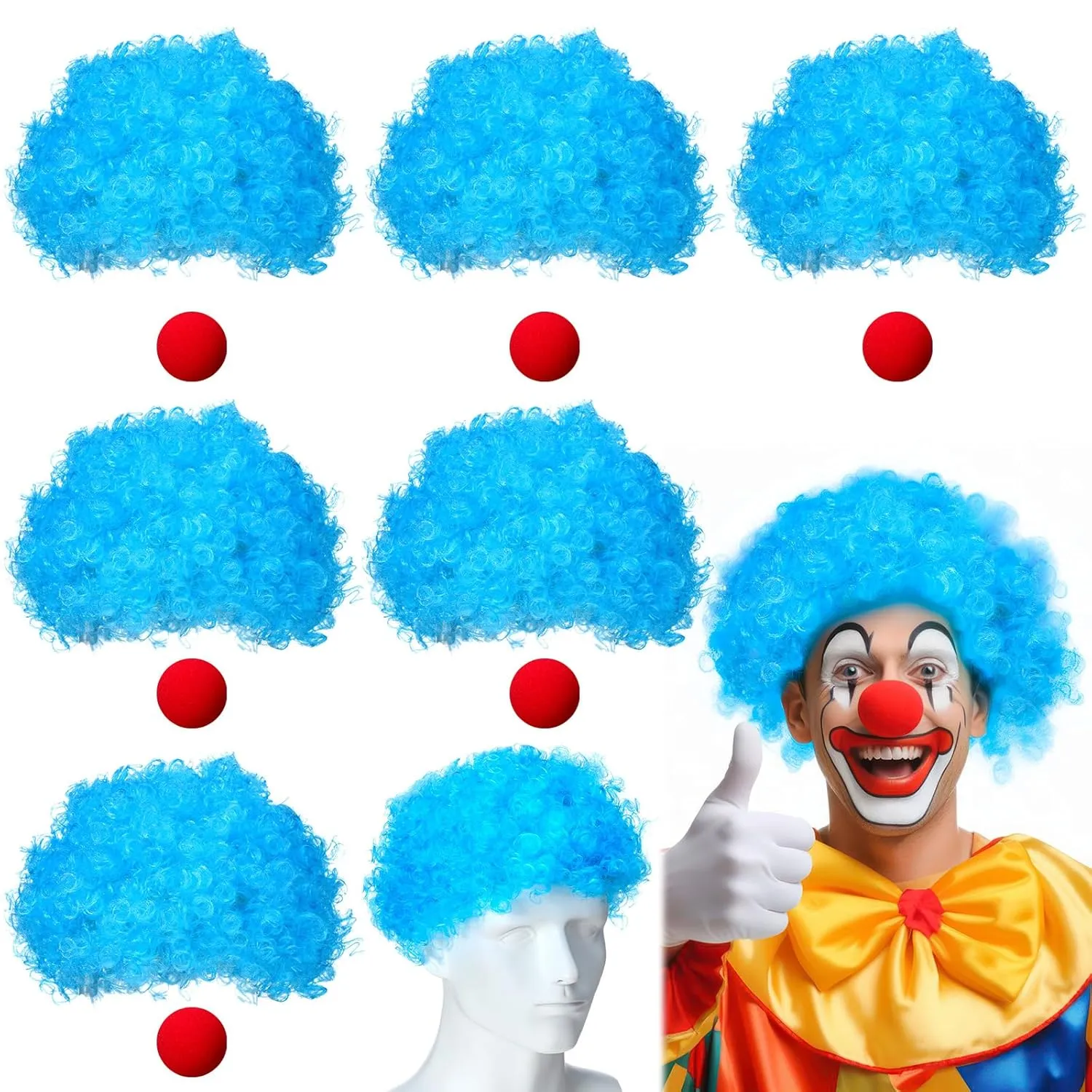 6 Pcs Clown Costume Wig Blue Fluffy Afro Wigs Blue Curly Wig Red Foam Clown Noses Halloween Wig Christmas Party Short Wig for Costume Cosplay Women Men Disco Party