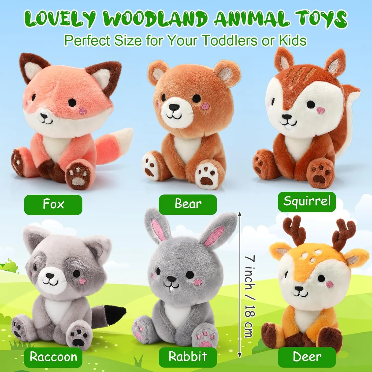 6 Pcs Woodland Animals Plush Toys 7 Inch Bear Rabbit Squirrel Deer Raccoon and Fox Stuffed Animals for Birthday Gifts Baby Showers Party Decor