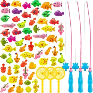62Pcs Magnetic Fishing Game for Kids, Bathtub Kiddie Party Toy, Plastic Floating Fish with Pole Rod Net, Bath Toys for Kids Ages 4-8