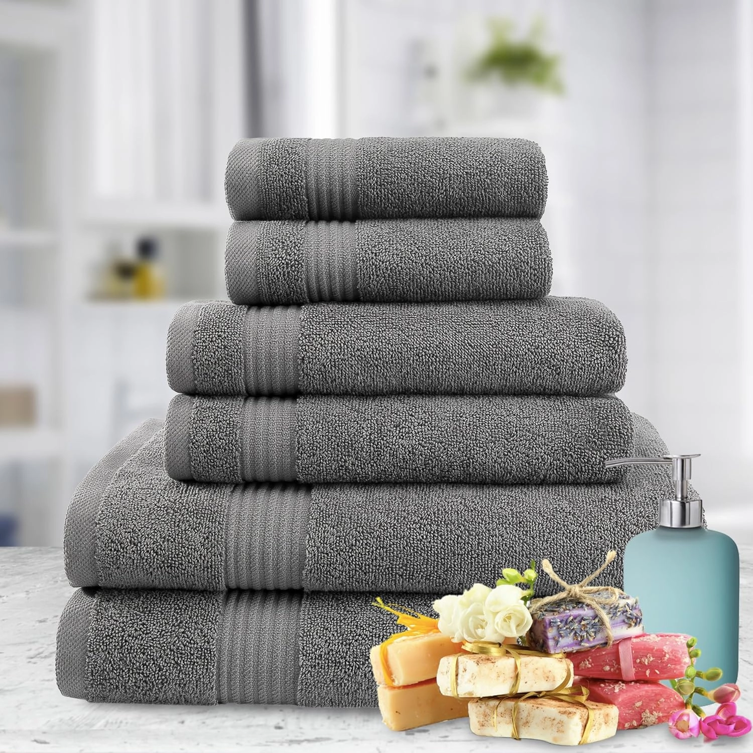 6 Piece Towel Set for Bathroom Clearance Prime, 100% Cotton Turkish Bathroom Towels, 2 Bath Towels 2 Hand Towels 2 Washcloths, Dark Gray