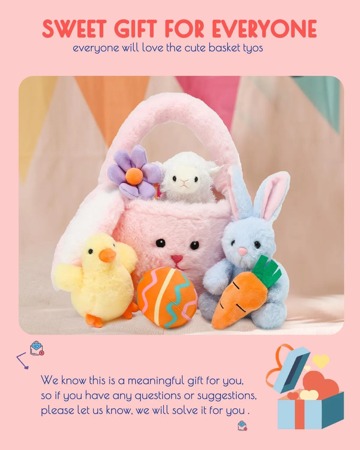 7 Piece Plush Stuffed Animals Playset Toys with Rabbit, Chick, Lamb, Carrot, Egg, Flower, Furry Bag, Soft Basket Set Toys for Girls Kids Ages 3 , Birthday Christmas Valentines Easter Party Favors
