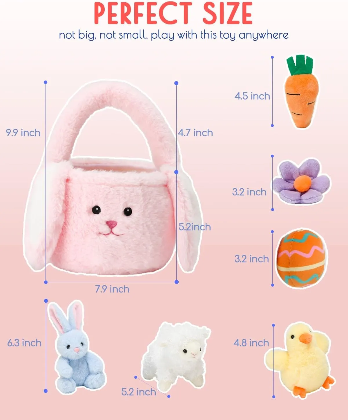 7 Piece Plush Stuffed Animals Playset Toys with Rabbit, Chick, Lamb, Carrot, Egg, Flower, Furry Bag, Soft Basket Set Toys for Girls Kids Ages 3 , Birthday Christmas Valentines Easter Party Favors