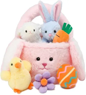 7 Piece Plush Stuffed Animals Playset Toys with Rabbit, Chick, Lamb, Carrot, Egg, Flower, Furry Bag, Soft Basket Set Toys for Girls Kids Ages 3 , Birthday Christmas Valentines Easter Party Favors