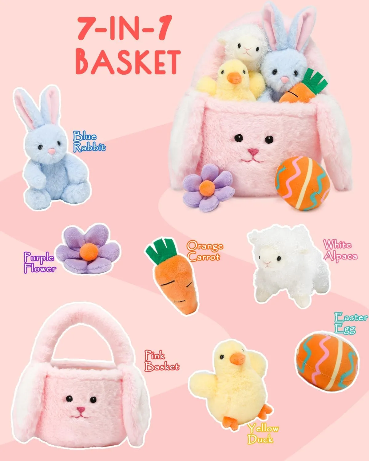 7 Piece Plush Stuffed Animals Playset Toys with Rabbit, Chick, Lamb, Carrot, Egg, Flower, Furry Bag, Soft Basket Set Toys for Girls Kids Ages 3 , Birthday Christmas Valentines Easter Party Favors