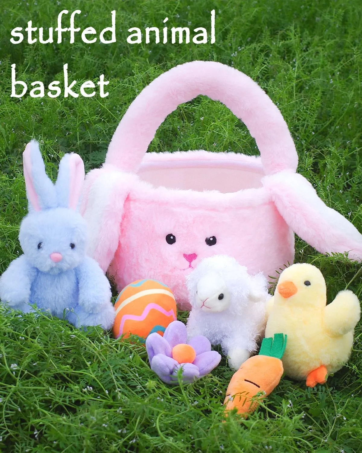 7 Piece Plush Stuffed Animals Playset Toys with Rabbit, Chick, Lamb, Carrot, Egg, Flower, Furry Bag, Soft Basket Set Toys for Girls Kids Ages 3 , Birthday Christmas Valentines Easter Party Favors