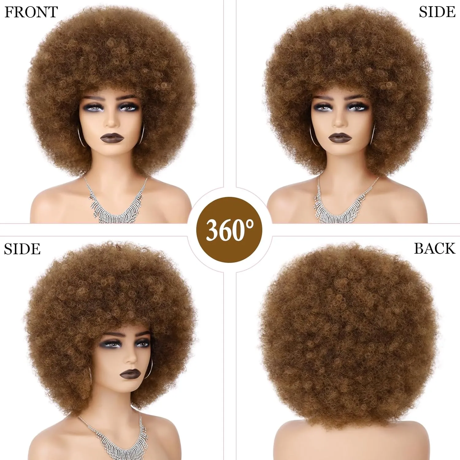 70s Afro Wig for Black Women Ombre Brown Afro Kinky Curly Wig With Bangs Bouncy and Fluffy Synthetic Short Afro Puff Wigs for Daily Party Costume Cosplay Halloween（Ombre Brown,10inch）