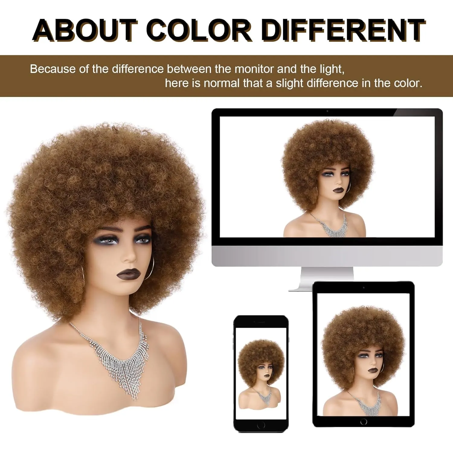 70s Afro Wig for Black Women Ombre Brown Afro Kinky Curly Wig With Bangs Bouncy and Fluffy Synthetic Short Afro Puff Wigs for Daily Party Costume Cosplay Halloween（Ombre Brown,10inch）