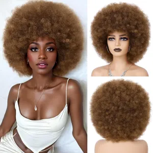 70s Afro Wig for Black Women Ombre Brown Afro Kinky Curly Wig With Bangs Bouncy and Fluffy Synthetic Short Afro Puff Wigs for Daily Party Costume Cosplay Halloween（Ombre Brown,10inch）