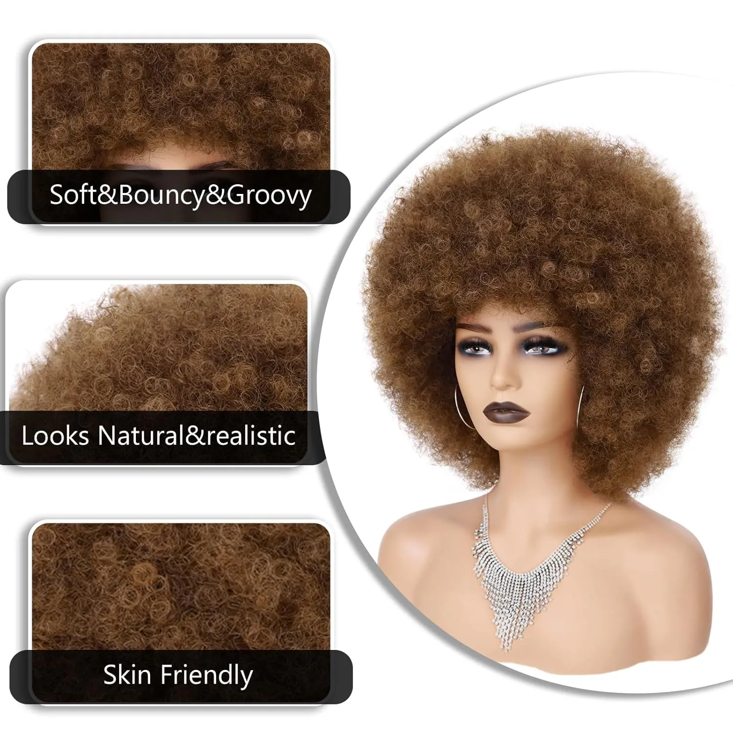 70s Afro Wig for Black Women Ombre Brown Afro Kinky Curly Wig With Bangs Bouncy and Fluffy Synthetic Short Afro Puff Wigs for Daily Party Costume Cosplay Halloween（Ombre Brown,10inch）
