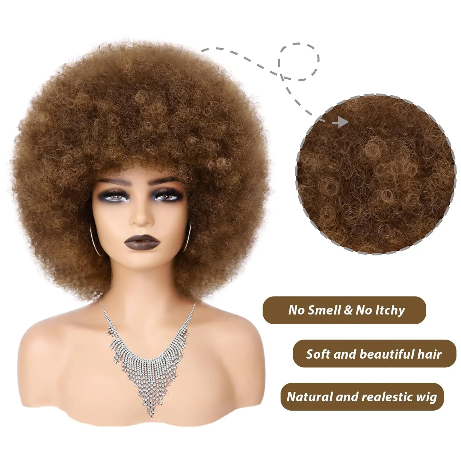 70s Afro Wig for Black Women Ombre Brown Afro Kinky Curly Wig With Bangs Bouncy and Fluffy Synthetic Short Afro Puff Wigs for Daily Party Costume Cosplay Halloween（Ombre Brown,10inch）