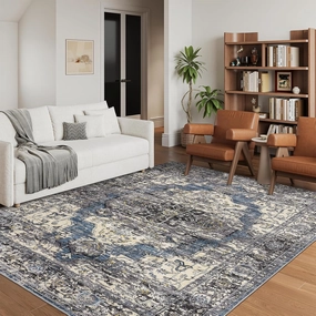 8x10 Area Rugs for Living Room, Stain Resistant Neutral Washable Rugs for Dining Room, Floral Vintage Non-Slip Thin Large Size Area Rug (Blue/Black)