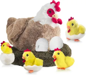 9 In 1 Chicken Stuffed Animal Set, Stuffed Chicken Plush Toys Egg Laying Hen with Zippered Belly, Baby Chicks Plush Chickens, Eggs and Coop for Kids Girls Boys Birthday Easter Stuffers Gifts
