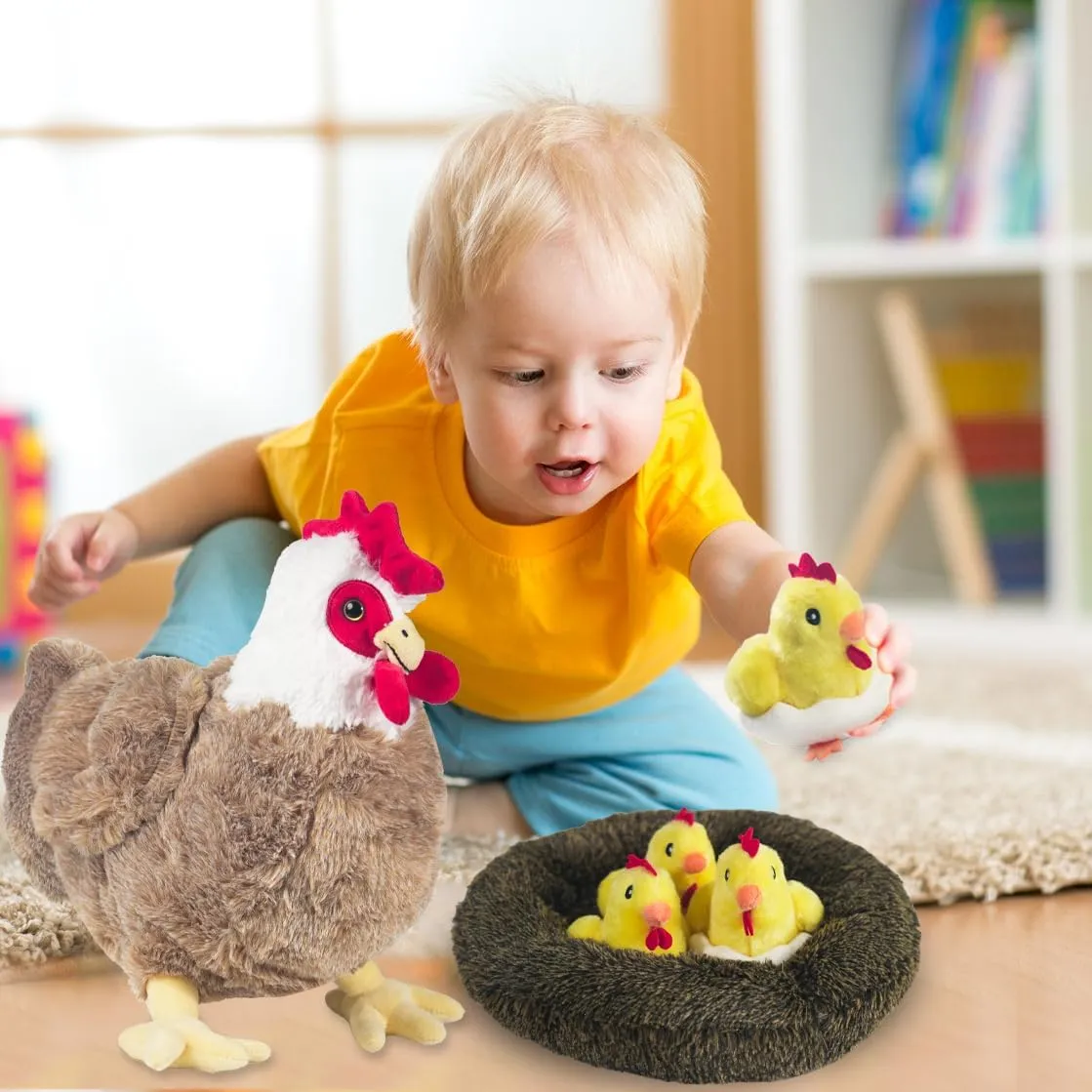 9 In 1 Chicken Stuffed Animal Set, Stuffed Chicken Plush Toys Egg Laying Hen with Zippered Belly, Baby Chicks Plush Chickens, Eggs and Coop for Kids Girls Boys Birthday Easter Stuffers Gifts