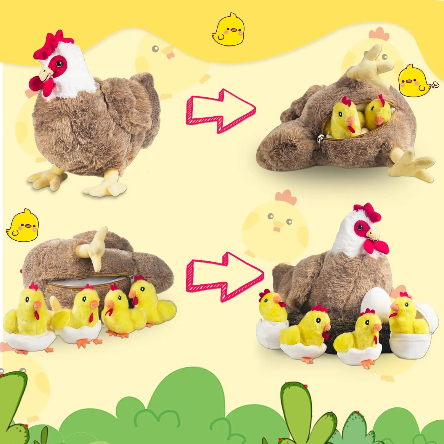9 In 1 Chicken Stuffed Animal Set, Stuffed Chicken Plush Toys Egg Laying Hen with Zippered Belly, Baby Chicks Plush Chickens, Eggs and Coop for Kids Girls Boys Birthday Easter Stuffers Gifts