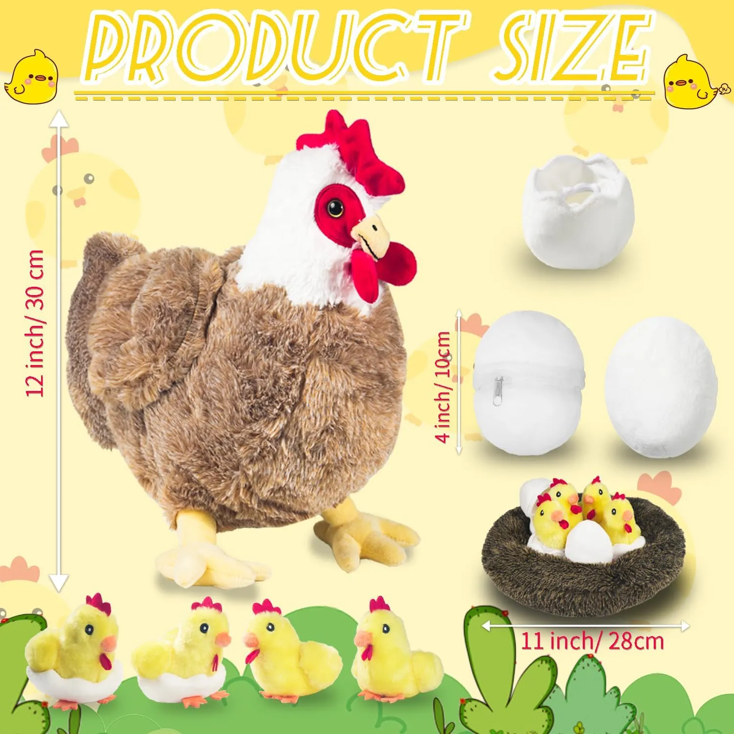 9 In 1 Chicken Stuffed Animal Set, Stuffed Chicken Plush Toys Egg Laying Hen with Zippered Belly, Baby Chicks Plush Chickens, Eggs and Coop for Kids Girls Boys Birthday Easter Stuffers Gifts
