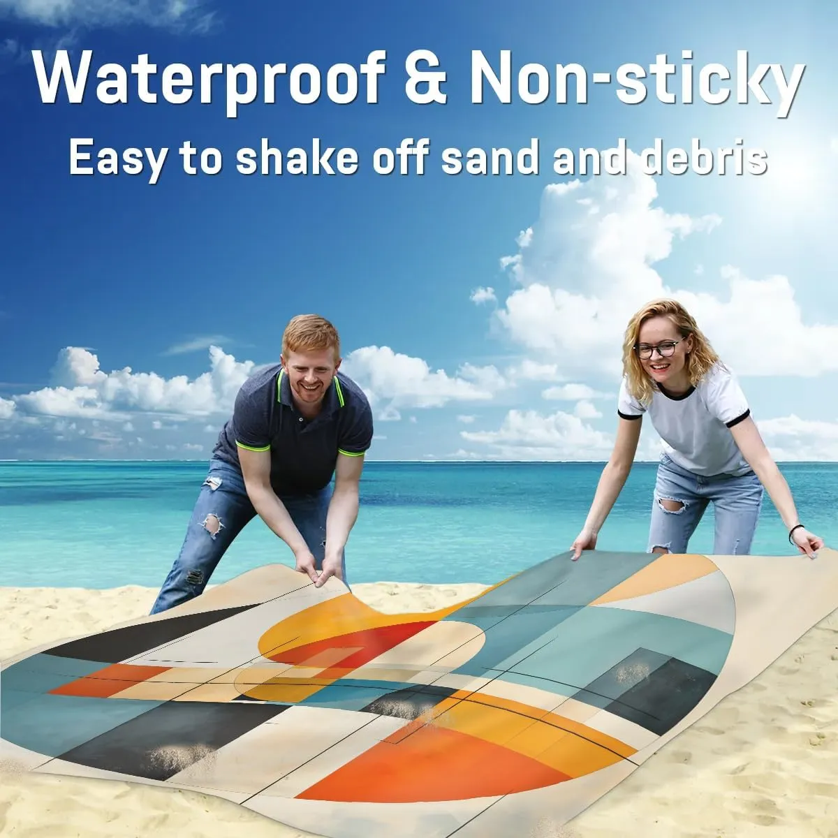 Abstract Circles Beach Blanket, Sandproof Beach Mat, 68 x 59 Waterproof Quick Drying Sand Free Mat with 4 x Ground Spikes for Outdoor Travel Camping Hiking, Colorful Circles