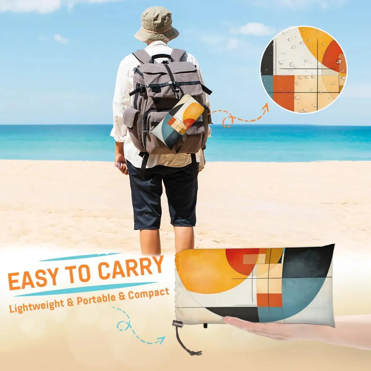 Abstract Circles Beach Blanket, Sandproof Beach Mat, 68 x 59 Waterproof Quick Drying Sand Free Mat with 4 x Ground Spikes for Outdoor Travel Camping Hiking, Colorful Circles