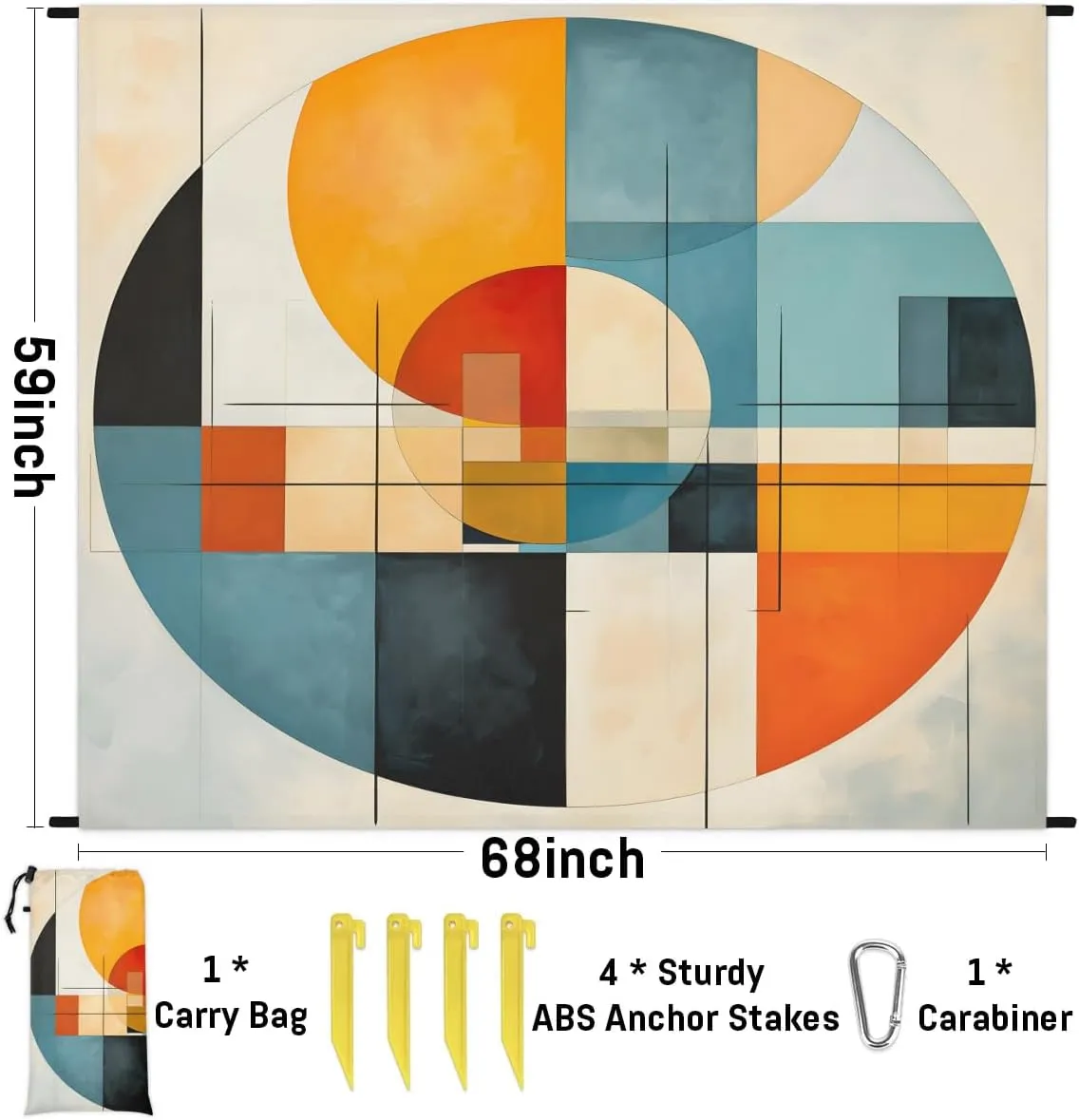 Abstract Circles Beach Blanket, Sandproof Beach Mat, 68 x 59 Waterproof Quick Drying Sand Free Mat with 4 x Ground Spikes for Outdoor Travel Camping Hiking, Colorful Circles