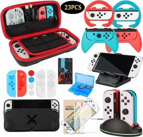 Accessories Bundle Pack for Nintendo Switch OLED Model(2021), Family Party Kit with Carrying Case, Joy Con Charging Dock, Grips, Covers, Steering Wheels, Mount, Screen Protectors, Caps(23 in 1)
