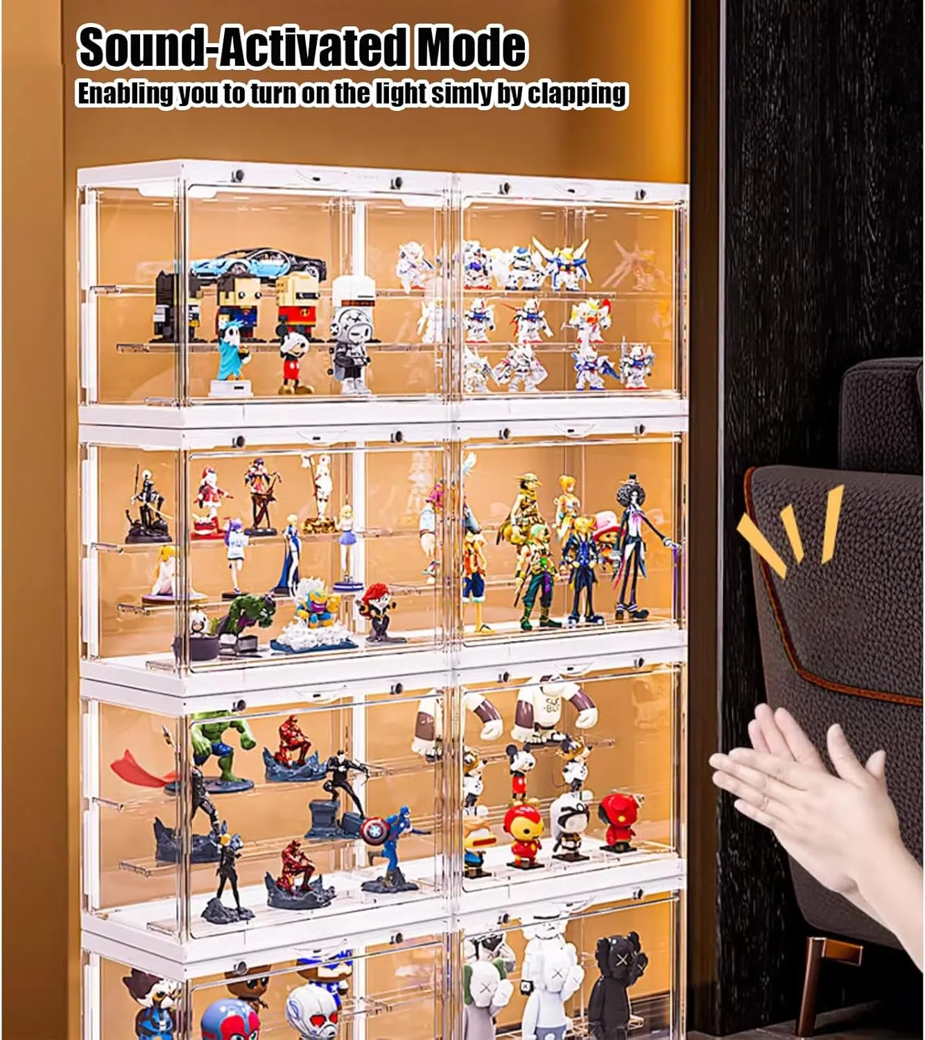 Acrylic Display Case - LED-Lit, 3 Layer Adjustable Clear Figure Display Case with Magnetic Door, Stackable Display Stand Box for Collectibles Action Figures