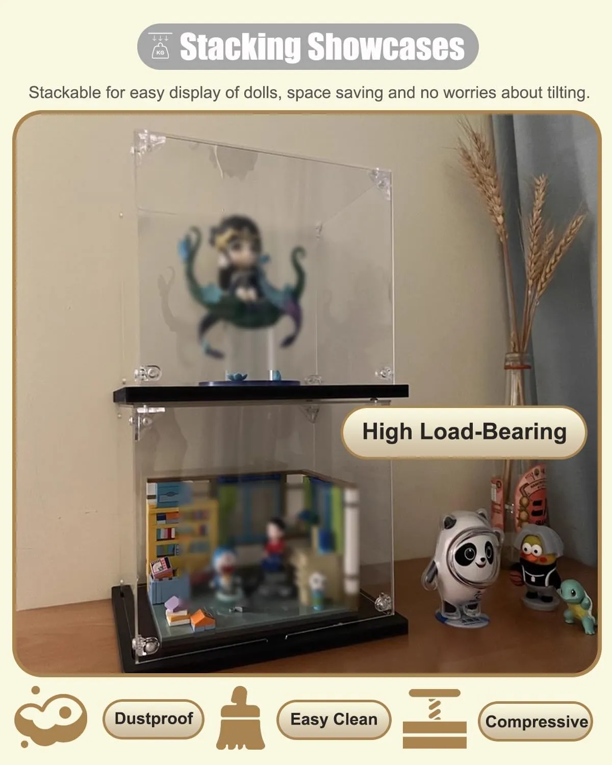 Acrylic Display Case Tall Narrow Display Box for Diorama Model, Stackable Acrylic Showcase Cabinet with Black Base, Clear Action Figures Storage Bins for Toys Lovers(10x10x30cm(4x4x12in))