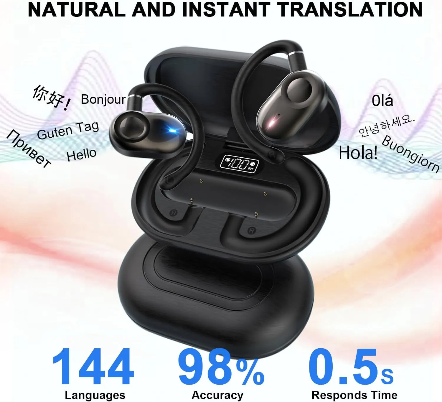 AI Translation Earbuds Real Time 144 Languages, 3-in-1 Open Ear Wireless Bluetooth Translator Earbuds, Audifonos Traductores Inglés Español, Simultaneous Translating Device