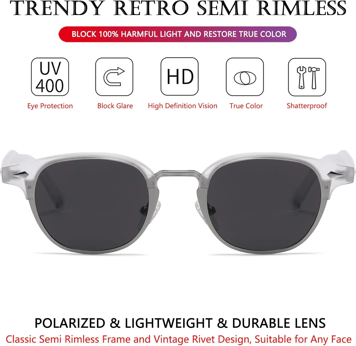 AIEYEZO Polarized Sunglasses for Men Women Classic Semi-Rimless Frame Sun Glasses Fashion Retro Designer Shades